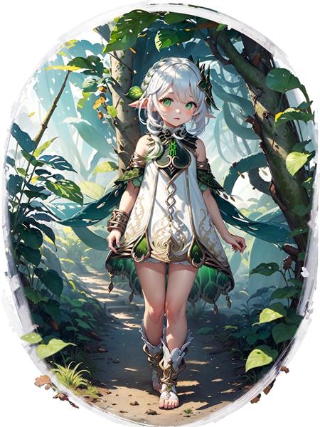 02140-461076228-detailed illustration, kusanali,kid, white hair,white dress, green eyes,hair ornament, blush, full body, scenery, jungle _lora_n.jpg